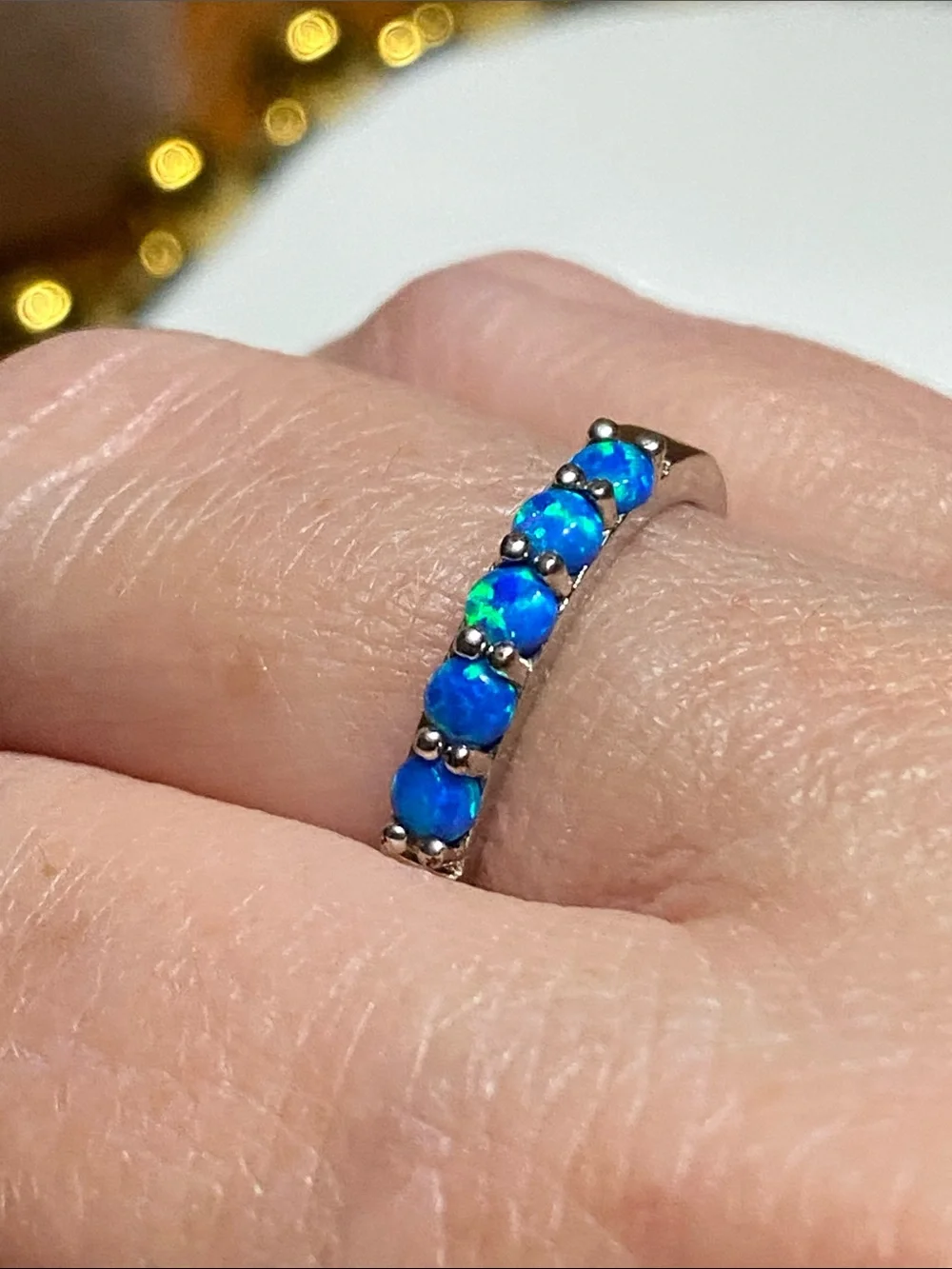 Blue Opal Row Stainless Steel Band Ring